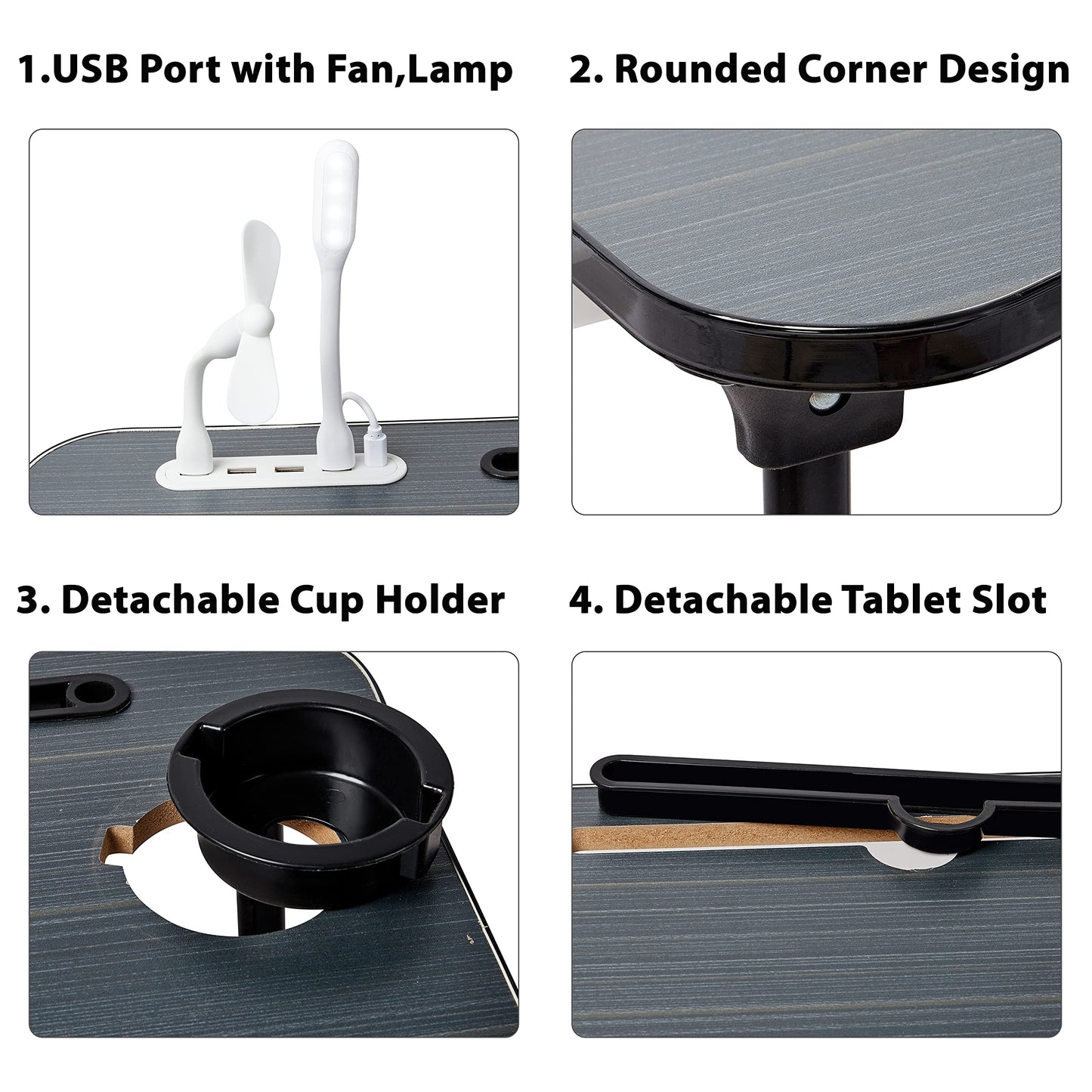 (OPEN BOX)GoRogue Laptop Table for Bed & Sofa, Foldable Desk with Cup Holder, Drawer & Built-in USB Hub with Free Mini Fan, LED Lamp (Black)