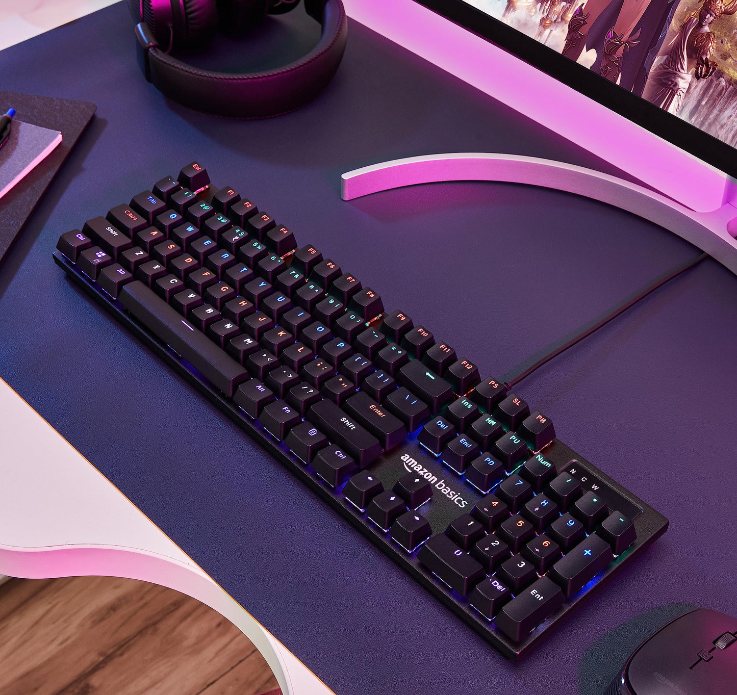 (Open Box) Amazon Basics USB Gaming Keyboard with Multicolour LED Effect | 12 Multimedia Keys |4 LED Modes
