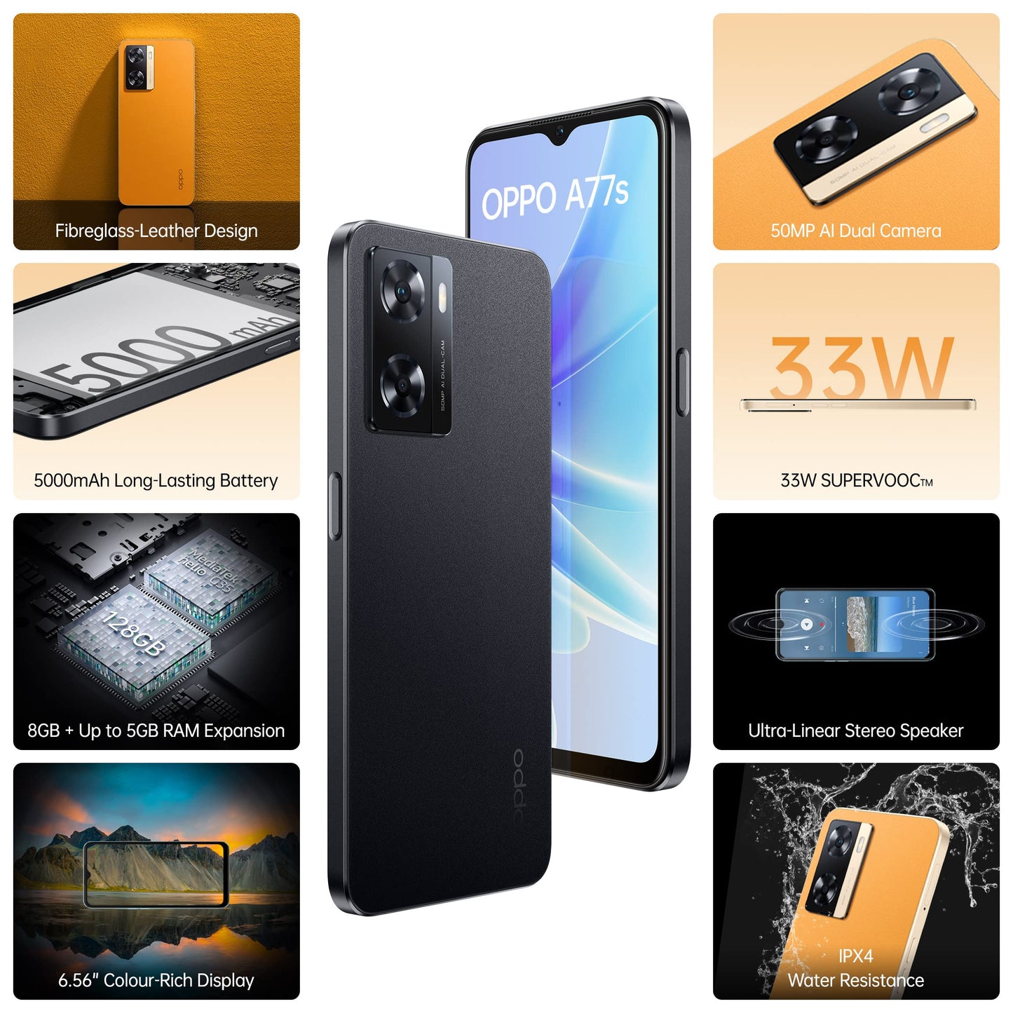 (Refurbished) OPPO A77s (Starry Black, 8GB RAM, 128 Storage)