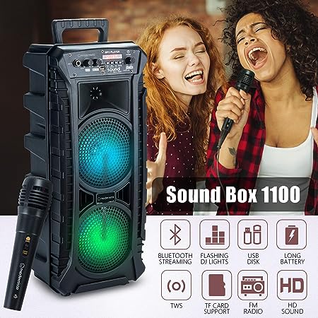 (Open Box) Modernista SoundBox 1100 Bass Boosted 40Watt PMPO Wireless Bluetooth Party Speaker with Wired Karaoke Mic with Bulit in Subwoofer & FM Radio/USB/TF/LED Disco Lights