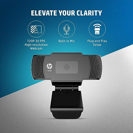 (Open Box) HP w200 HD 720P 30 FPS Digital Webcam with Built-in Mic, Plug and Play Setup, Wide-Angle View for Video Calling on Skype, Zoom, Microsoft Teams and Apps (20L58AA, Black)