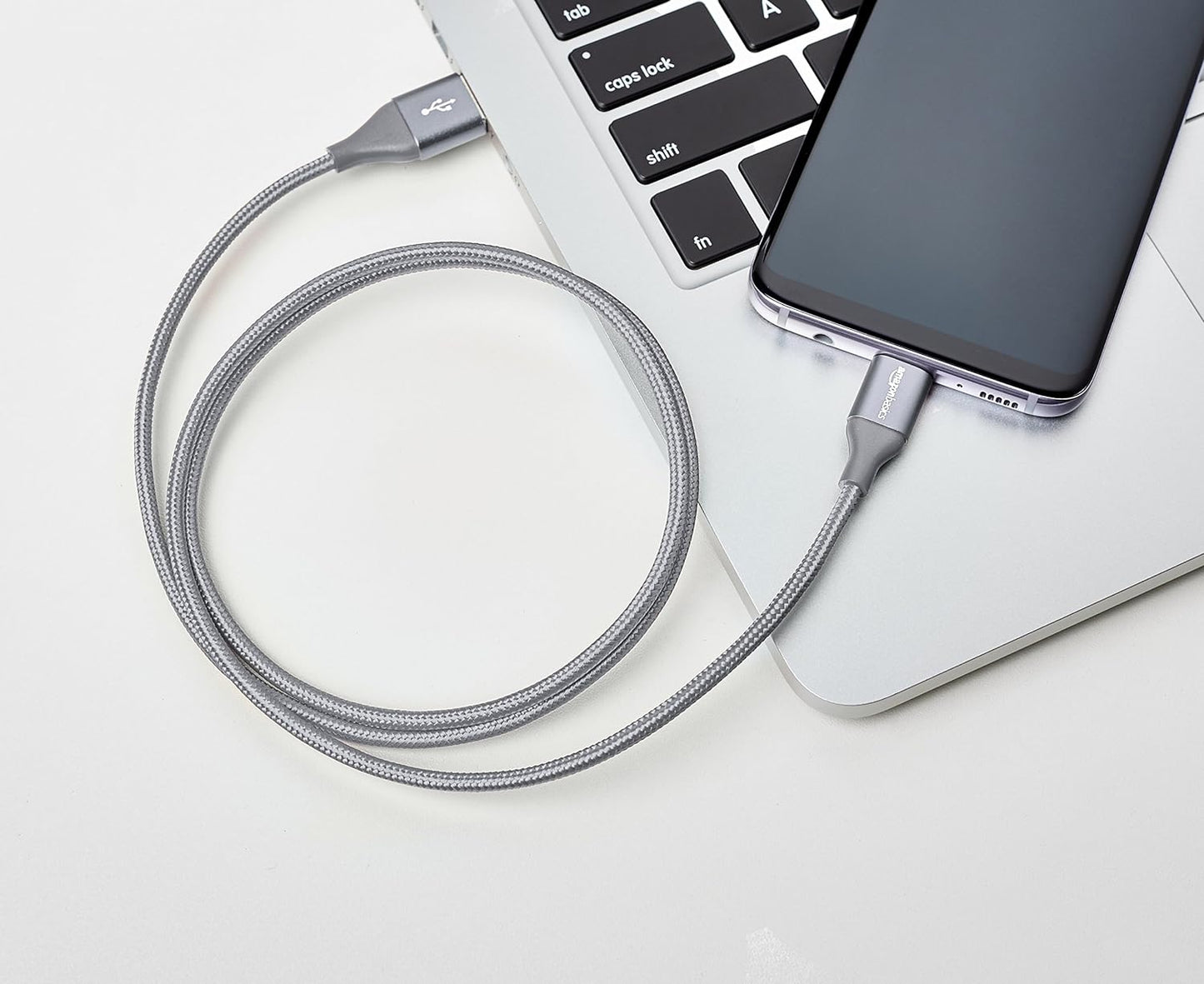 (Open Box) mazon Basics Double Braided Nylon USB Type-C to Type-A 2.0 Male Cable for Laptop, 3 feet, Dark Grey