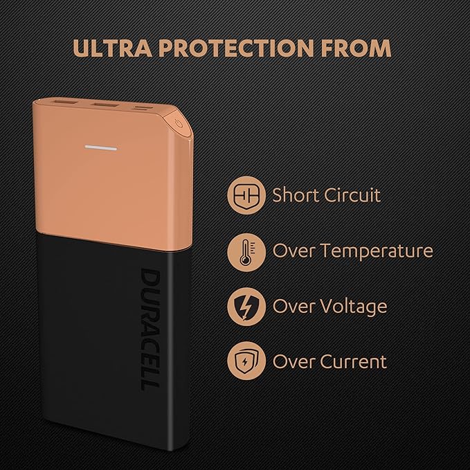 (Open Box) Duracell Power Bank 10000 mAh, Portable Charger, USB C/Micro USB Input, USB A/USB C Output, Fast Charge Technology, 22.5W Power Delivery for Smartphones, Tablets, Headphones and USB-Powered Devices