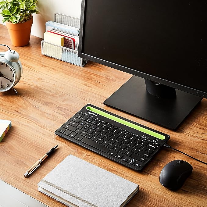 (Open Box) Amazon Basics Wireless Bluetooth Multi-Device Keyboard for Windows, Apple iOS Android Or Chrome, Compact Space-Saving Design, for Pc/Mac/Laptop/Smartphone/Tablet