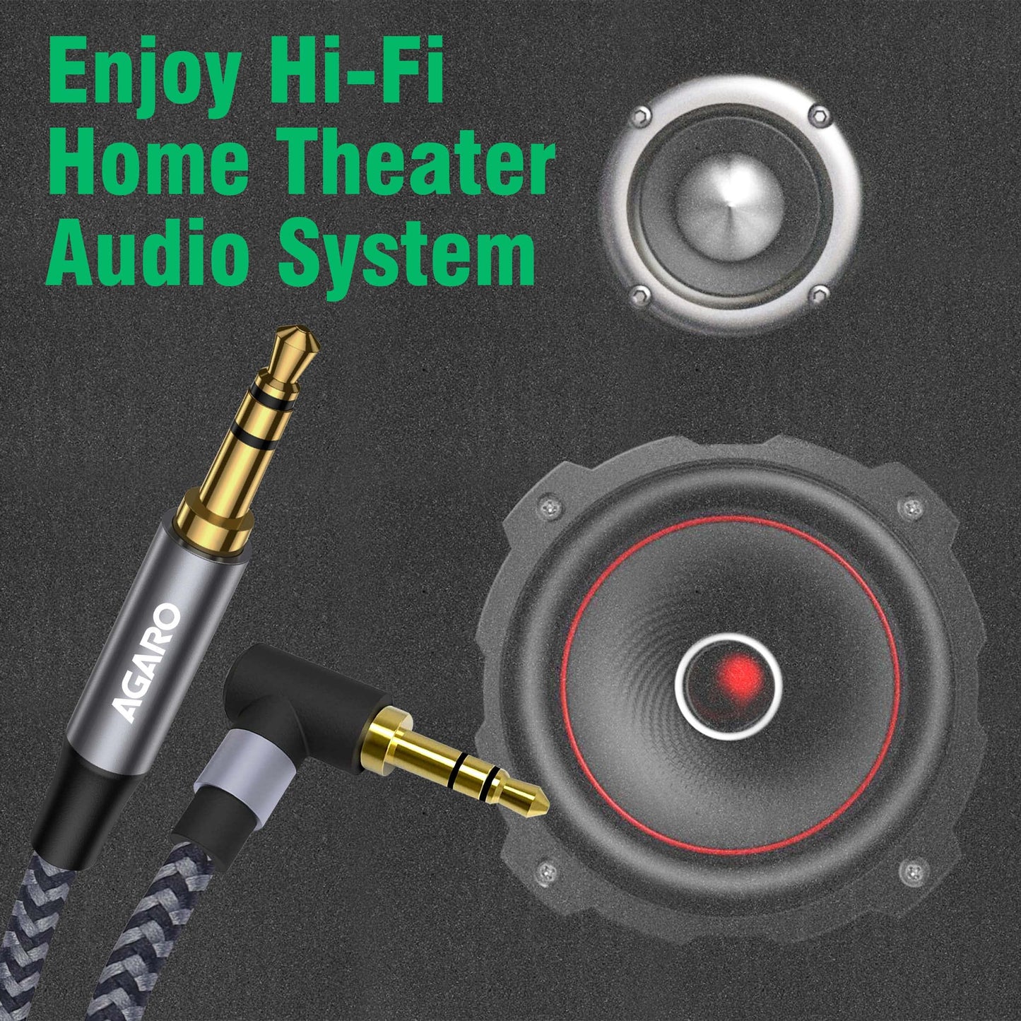 (Open Box) AGARO 3.5mm Audio Cable Stereo Aux 90 Degree Right Angle Aux Cable 24K Gold Plated Male to Male Hi-Fi Sound for Car,Home Stereos,Speakers,Tablets 2M/ 200CM/ 5.6 Ft,Silver & Black,33665