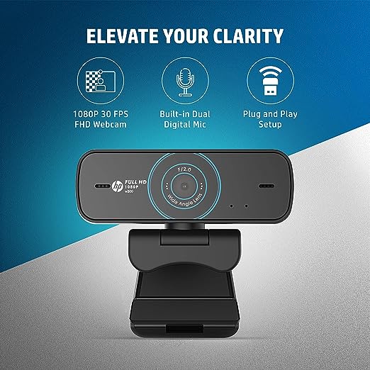 (Open Box) HP w300 1080P 30 FPS FHD Webcam with Built-in Dual Digital Mic, Plug and Play Setup, Wide-Angle View for Video Calling on Skype, Zoom, Microsoft Teams and Other Apps/ 1 Year Warranty (1W4W5AA),Black