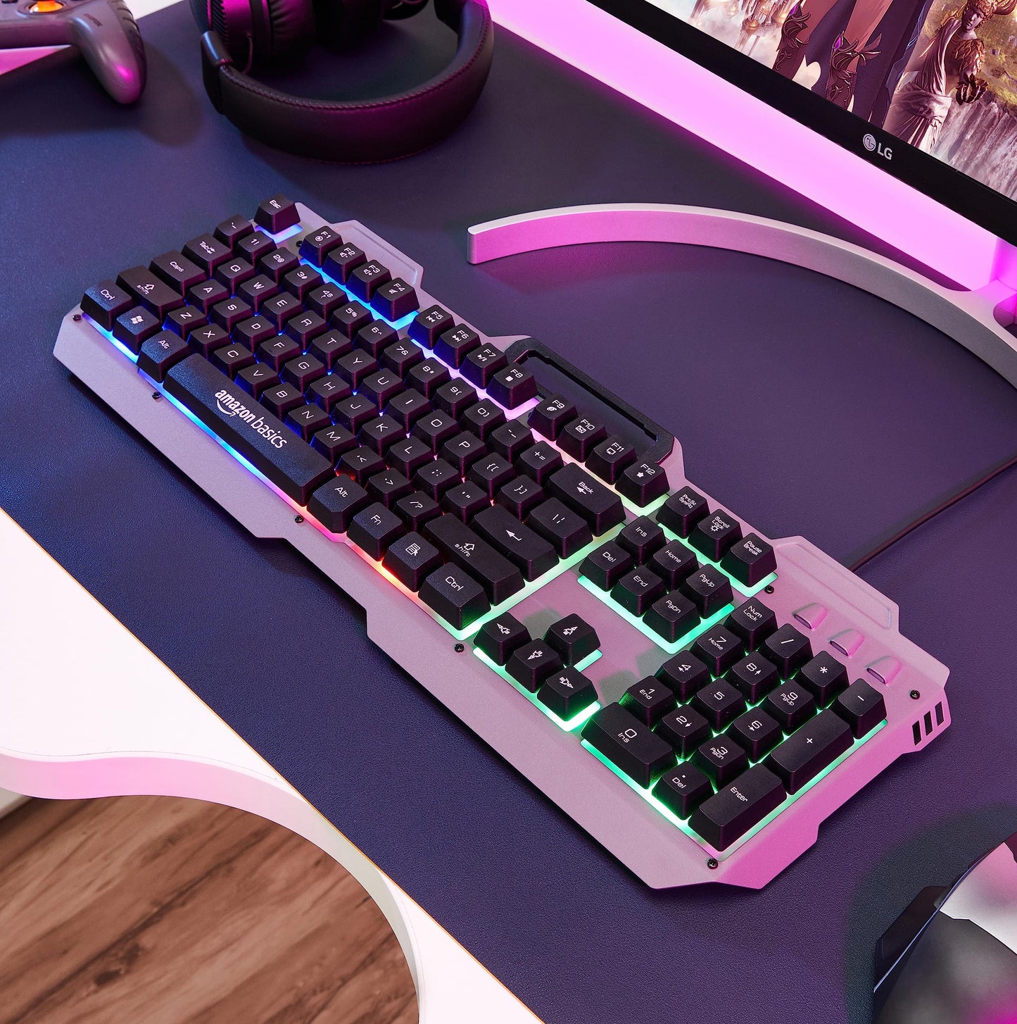 (Open Box) Amazon Basics USB Gaming Keyboard with Multicolour LED Effect | 12 Multimedia Keys |4 LED Modes