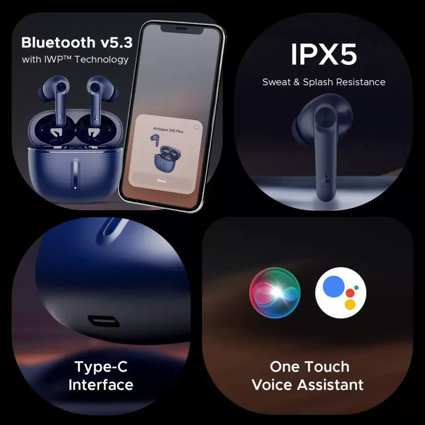 (Open Box) boAt Airdopes 200 Plus with 100 HRS Playback, Quad Mics ENx Technology & 13mm Drivers Bluetooth Headset (Bold Blue, True Wireless)