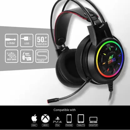 (Open Box) Ant Esports H707 HD RGB LED for PC, PS4, Xbox One Wired Gaming Headset (Black, On the Ear)