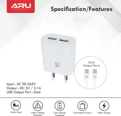(Open Box) ARU 12 W 2.4 A Multiport Mobile Charger with Detachable Cable (White, Cable Included)