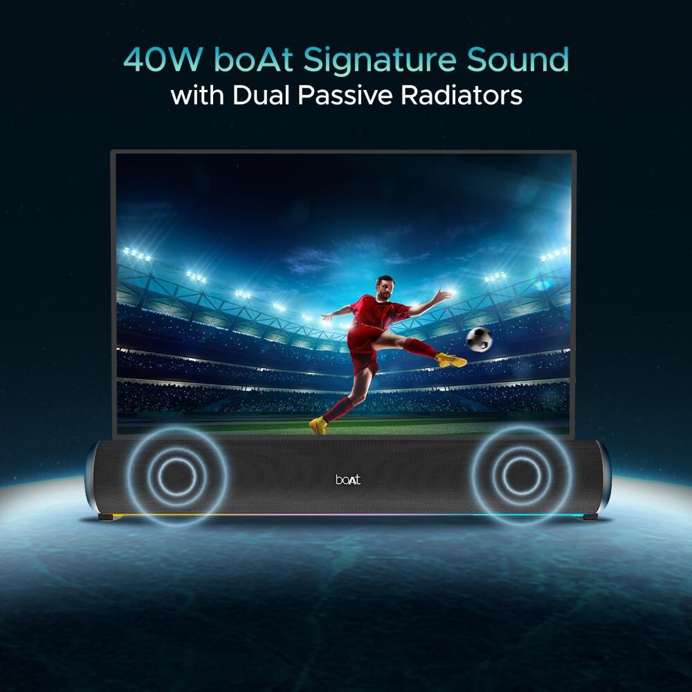 (Open Box) boAt Aavante Bar 950 Bluetooth Soundbar with 40 W Signature Sound, RGB LEDs, Dual Passive Radiators, Up to 7 hrs Playback, TWS Function, Inbuilt Mic, BT v5.3, TF Card, AUX Port (Premium Black)