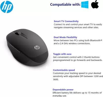 (Open Box) HP Dual Mode (6CR71AA) Wireless Optical Mouse  (2.4GHz Wireless, Black)