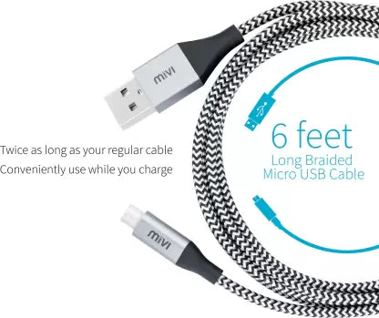 (Open Box) Mivi Micro USB Cable 2 A 1.8 M 6 Ft Long Nylon Braided Original Tough Black Micro (Compatible with All Smartphones, Tablets and MP3 player, Multicolor, One Cable)