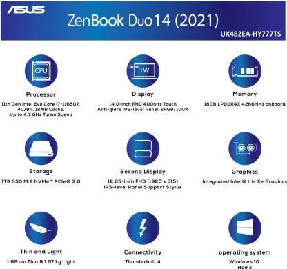 (Brand Refurbished) ASUS ZenBook Duo 14 (2021) Touch Panel Intel EVO Core i7 11th Gen - (16 GB/1 TB SSD/Windows 10 Home) UX482EA-HY777TS Thin and Light Laptop (14 inch, Celestial Blue, 1.57 kg, With MS Office)