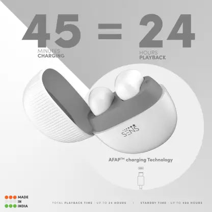 (Open Box) SENS CNATRA 2 TWS with Fast Charging Bluetooth Headset (Snow White, True Wireless)