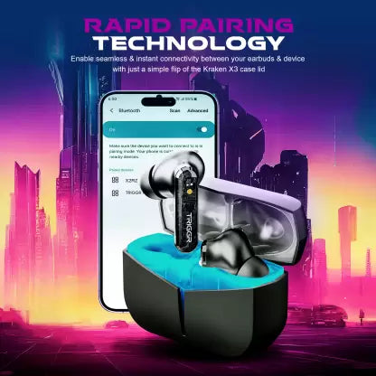 (Open Box) TRIGGR Kraken with RGB Lights, 40ms Latency, Quad ENC, Rapid Pair, 40H Battery, v5.3 Bluetooth Headset (Black, True Wireless)