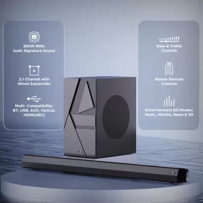 (Open Box) boAt Aavante Bar Thump with Wired Subwoofer, RMS 200 W Bluetooth Soundbar (Carbon Black, 2.1 Channel)