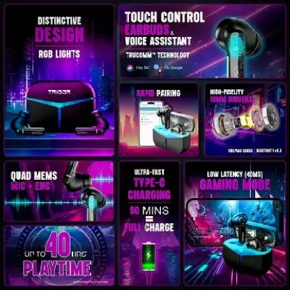 (Open Box) TRIGGR Kraken with RGB Lights, 40ms Latency, Quad ENC, Rapid Pair, 40H Battery, v5.3 Bluetooth Headset (Black, True Wireless)