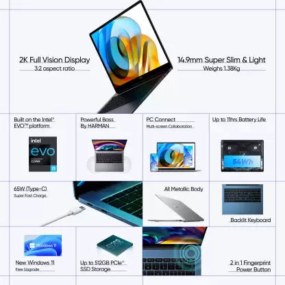 (Open Book) realme Book(Slim) Intel Evo Core i5 11th Gen - (8 GB/512 GB SSD/Windows 10 Home) RMNB1002 Thin and Light Laptop (14 inch, Real Blue, 1.38 kg, With MS Office)