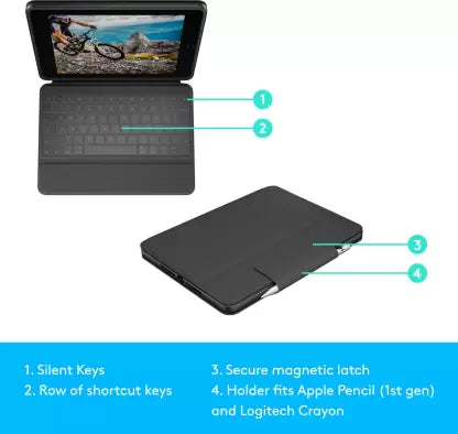 (Open Box) Logitech Rugged Folio, Smart Connector and Durable Spill-Proof Keyboard, 25.91 cm (10.2") Bluetooth Tablet Keyboard (Grey)