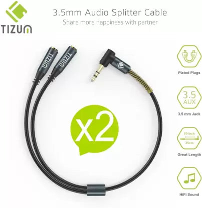 (Open Box) Tizum Grey 3.5mm Audio Splitter-X2 Female Aux Jack, Premium Gold Plated Right Angle Connector with Spring Jacket Phone Converter (Android, iOS)