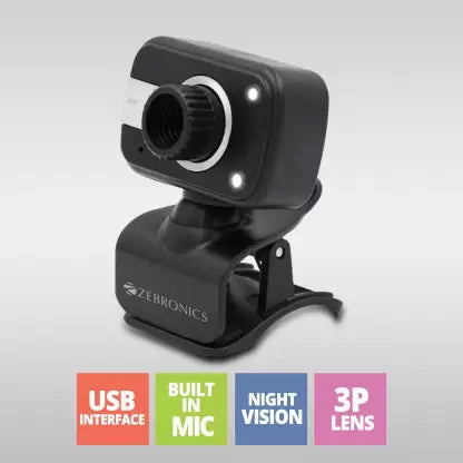 (Open Box) ZEBRONICS Zeb-Crystal Clear Web Camera with 3P Lens,Built-in Microphone,Auto White Balance,Night Vision and Manual Switch for LED (Black)