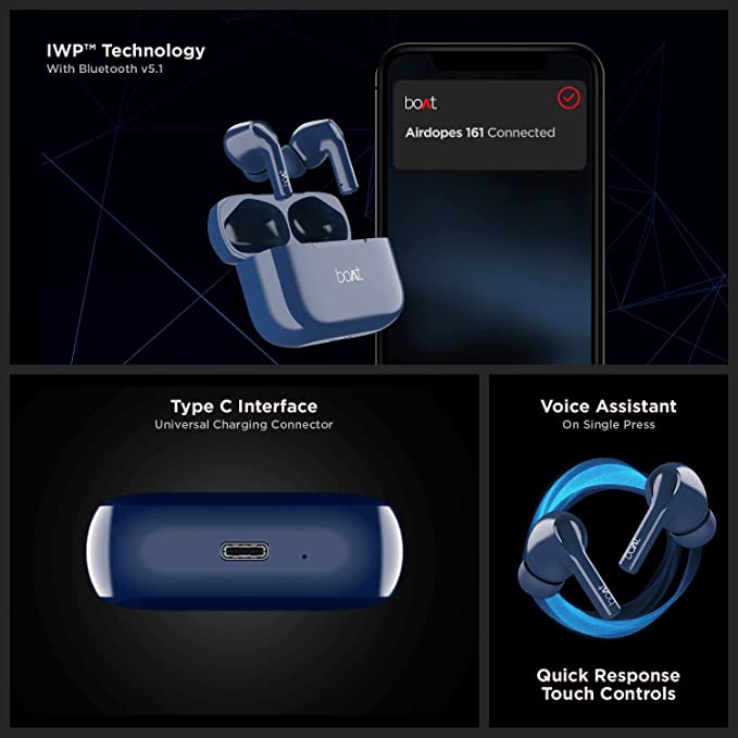 (Open Box) boAt Airdopes 161 TWS Earbuds with ASAP™ Charge, 17H Playtime, IWP™, Immersive Audio, IPX5, Touch Controls
