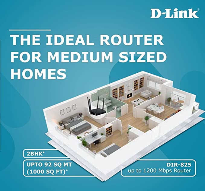 (Open Box) D-Link DIR-825 MU-MIMO Gigabit Wireless Router, Dual Band, 1200 Mbps, 4 External Antenna, Black