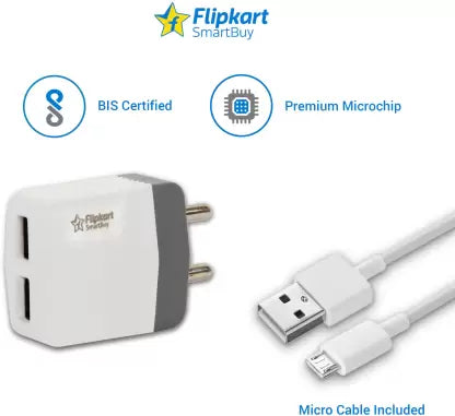 (Open Box) Flipkart SmartBuy Dual Port 12W 2.4A Fast Charger with Charge & Sync USB Cable  (White, Grey, Cable Included)