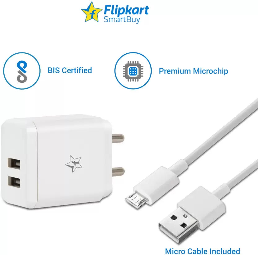 (Open Box) Flipkart SmartBuy Dual Port 3.1A Fast Charger with Charge & Sync USB Cable  (White, Cable Included)
