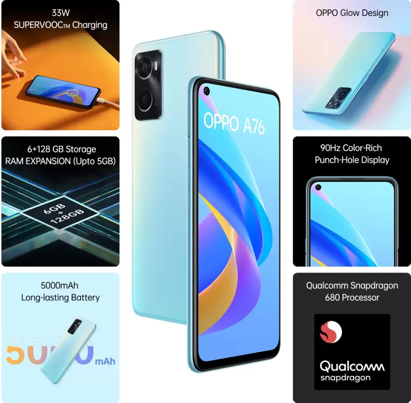 (Open Box) A76 CPH2375 6GB 128GB, Glowing Blue