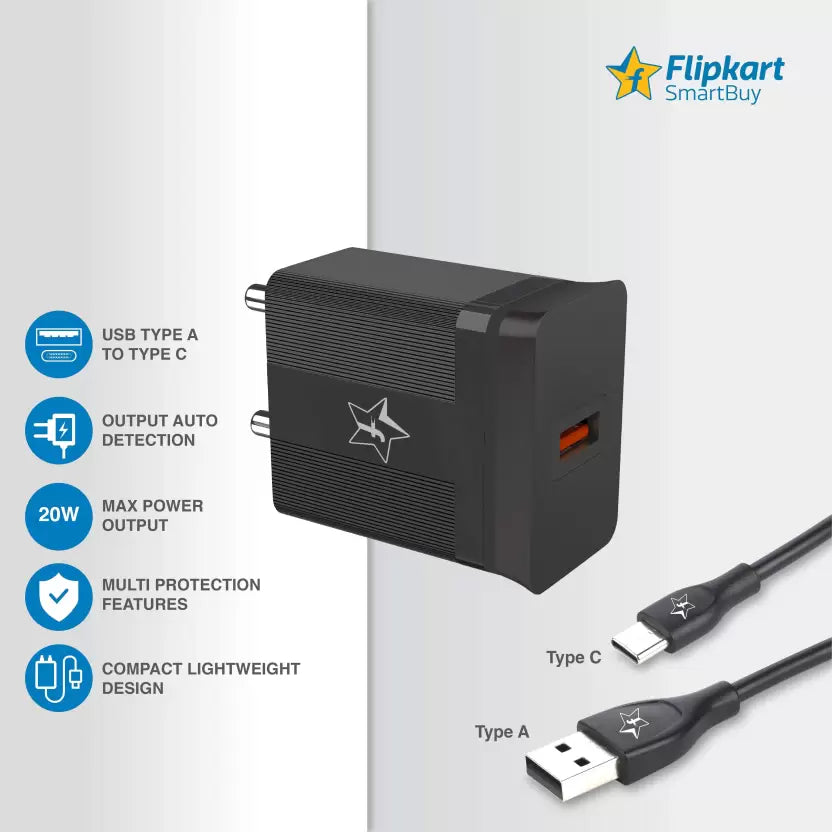 (Open Box) Flipkart SmartBuy FC20S01 20 W 3 A Mobile Charger with Detachable Cable  (Black)