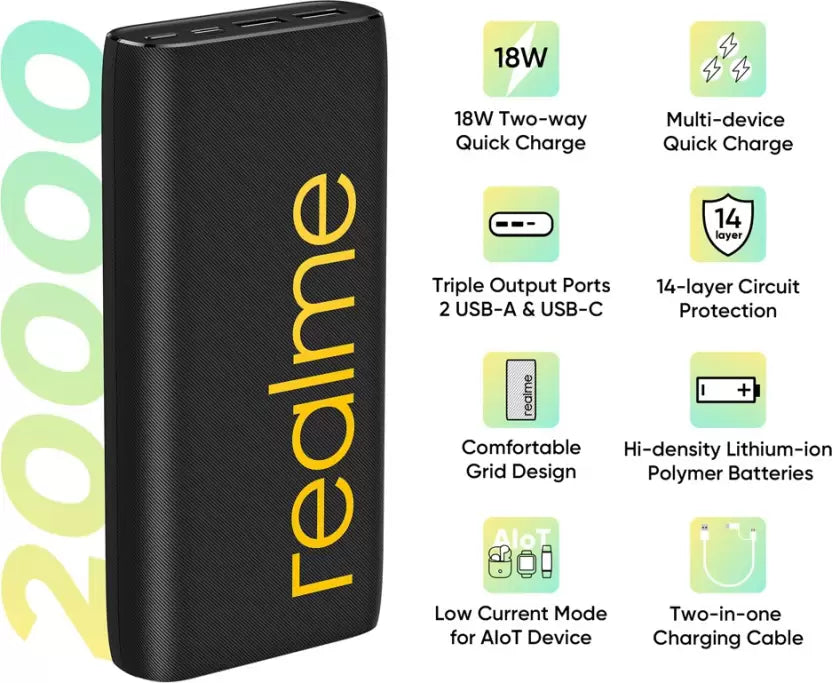 (Open Box) realme 20000 mAh Power Bank (18 W, Quick Charge 2.0) Black, Lithium Polymer