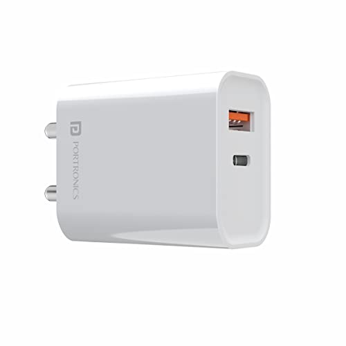 (Open Box) Portronics Adapto 45 22.5W Max Output USB & Type-C Dual Output Super Fast Charger,Wall Adapter Power Delivery 3.0& USB A Fast Charge Adaptor for iPhone,Android & Other Type C Enabled Devices(White)