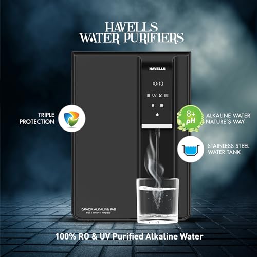 Havells Gracia Alkaline Water Purifier (Silver & Black), RO+UV+Alkaline, Hot, Warm & Ambient Water, Copper+Zinc, 8 Stage Purification, 7.5L SS Tank, Suitable for Borwell, Tanker & Municipal Water