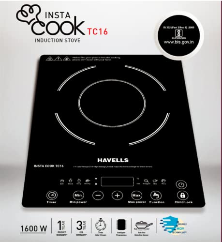 Havells Induction Glass Ceramic Cooktop Tc20 With 9 Cooking Modes Bis Approved 2000 Watt With 3 Year Coil Warranty - Black