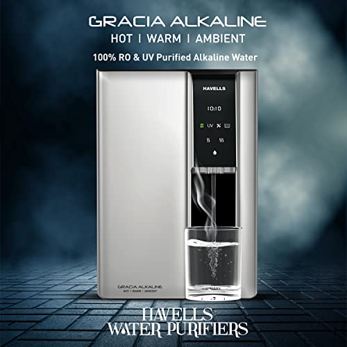 Havells Gracia Alkaline Water Purifier (Silver & Black), RO+UV+Alkaline, Hot, Warm & Ambient Water, Copper+Zinc, 8 Stage Purification, 7.5L SS Tank, Suitable for Borwell, Tanker & Municipal Water