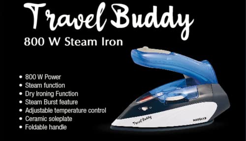 Havells Plastic Travel Buddy 800 Watt Steam Iron With Steam Burst, Cermanic Sole Plate, Foladable Handle, Horizontal & Vertical Steaming, 2 Years Warranty. (Blue Grey), 800 Watts