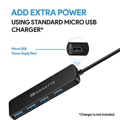 (Open Box) Amkette 4 Port Superspeed USB Hub 3.0 for PC/Laptops, Portable Data Hub with Hi-Speed Data Transfer Up to 5 GBPS |Charging Function| Strong and Durable| Power Supply Port and 80 cm Long Cable (Black)