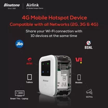 (Open Box) Binatone 4G MIFI Device BMF423 3G/4G LTE Advanced 150 Mbps Mobile Wi-Fi Hotspot Device Data Card  (White)