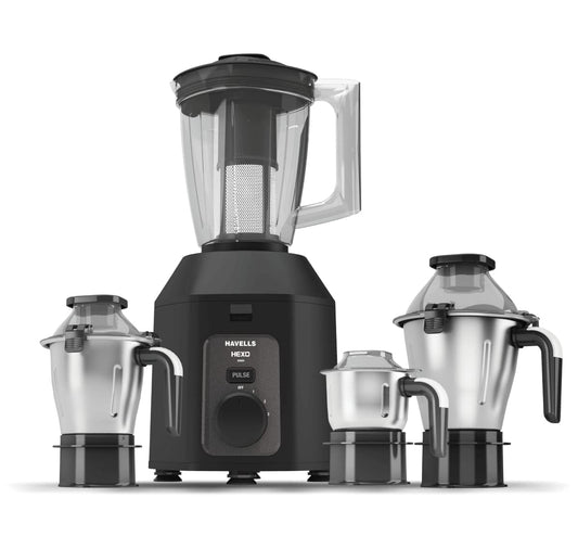 Havells Hexo Plus 1100 watts 4 Jar Mixer Grinder I 2.5 Kg Double Ball Bearing Copper Motor I 22000 RPM I 100 Minutes Run Time I Metal Teeth Coupler & Jar Base IPolycarbonate Jar, Lids with Lock