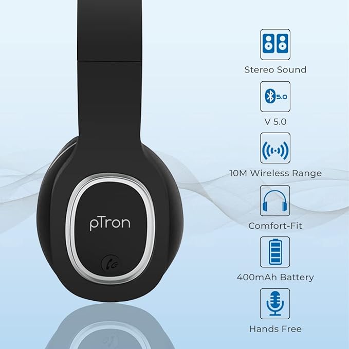 (Open Box) pTron Studio Over-Ear Bluetooth 5.0 Wireless Headphones with Mic, Hi-Fi Sound with Deep Bass, 12Hrs Playback, Lightweight Wireless Headset, Soft Cushions Earpads, Fast Charging & Aux Port