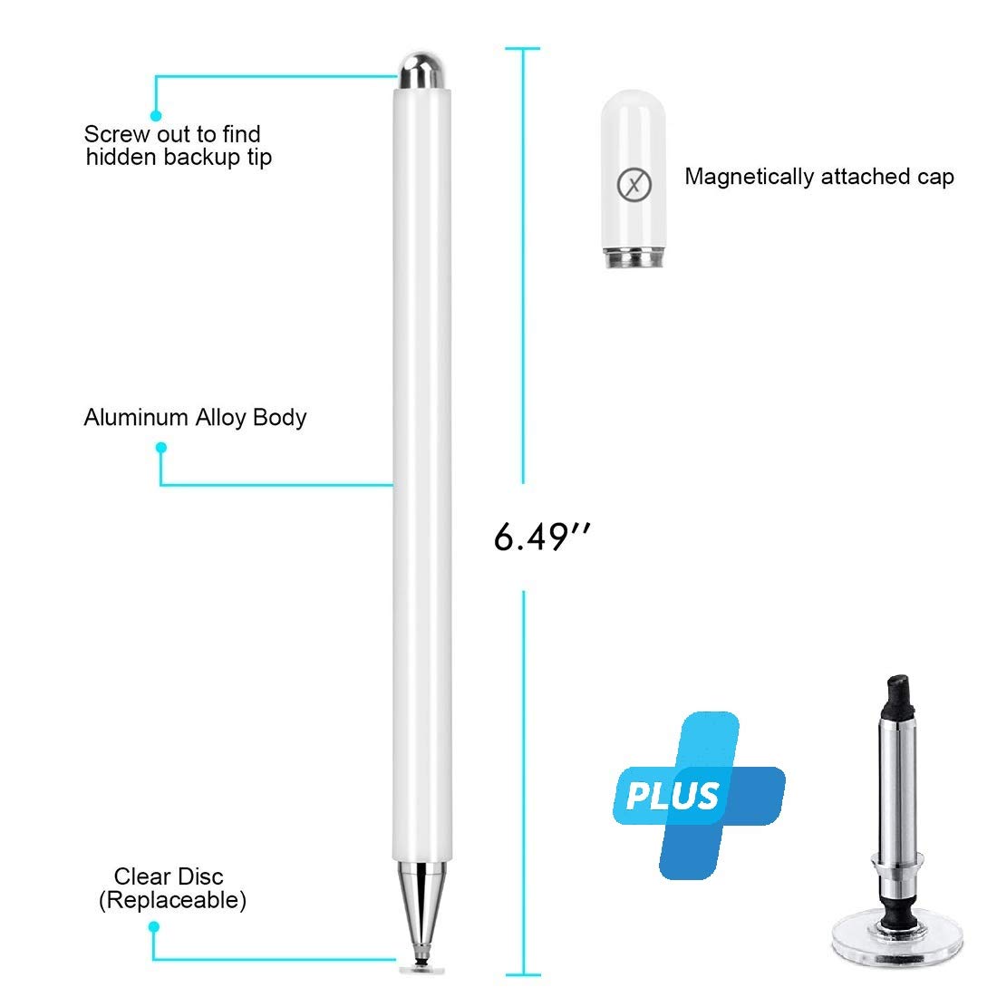 Dyazo Aluminium Fine Point Stylus Pen with Spare Disk for Touch Screens Devices, Compatible with iPad/iPhone/X/XR, Amazon Kindle and All Android/iOS Smart Phones and Tablets (White)