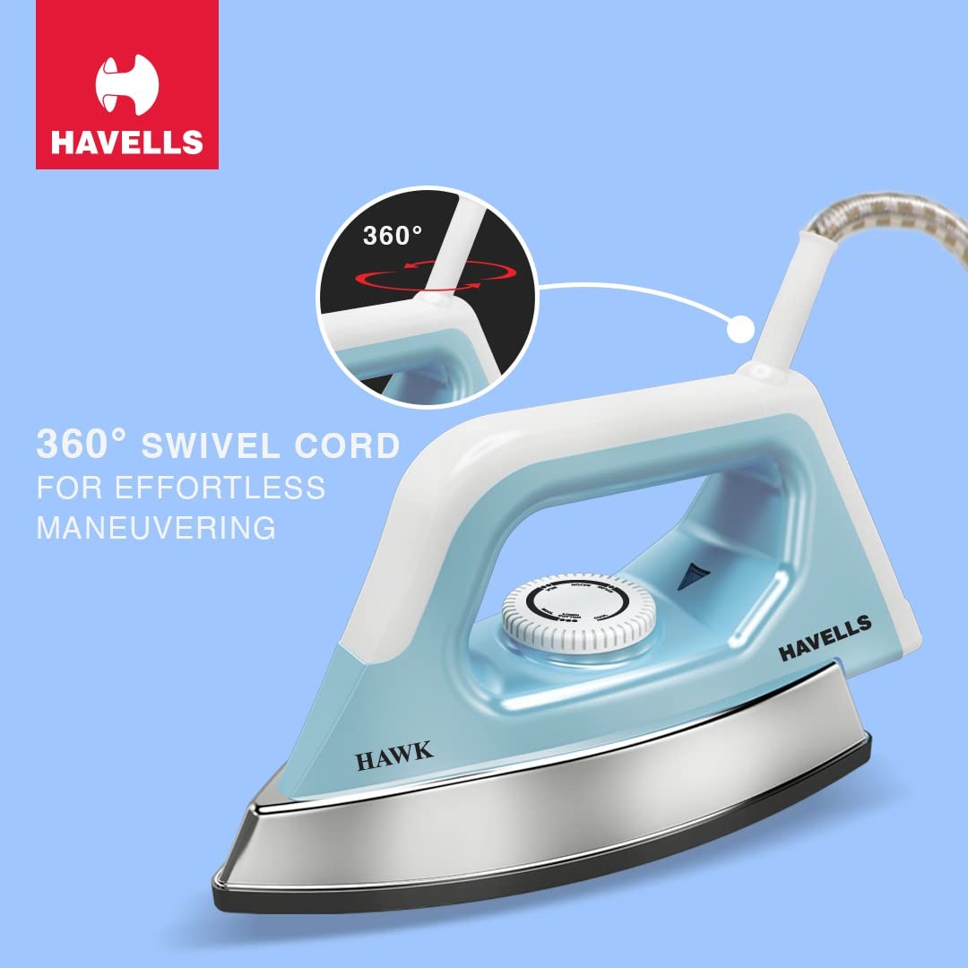 Havells ABS Hawk 1100 Watt Heavy Weight Dry Iron With American Heritage Non Stick Sole Plate, Aerodynamic Design, Easy Grip Temperature Knob & 2 Years Warranty. (Blue & White), 1100 Watts