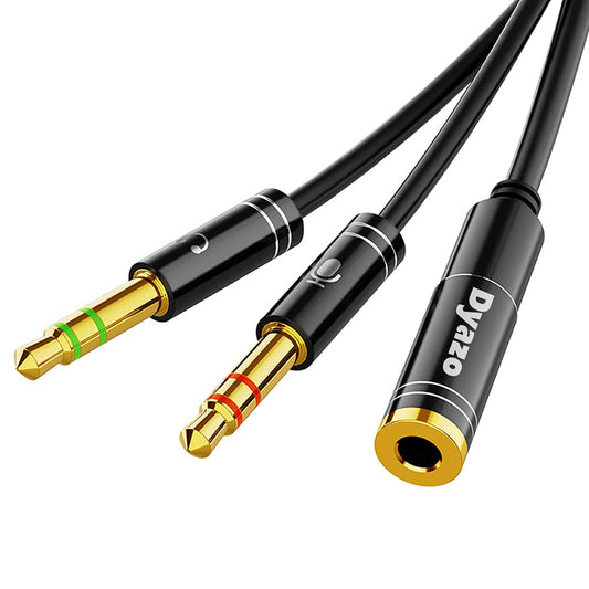 (Open Box) Dyazo Audio Headphone Earphone & Mic 3.5mm Jack Splitter 2 Male to 1 Female Gold Plated Car Aux Y Adapter Cable for Phones | Tablets| Playstation Personal Computer | Notebooks | Laptops & More