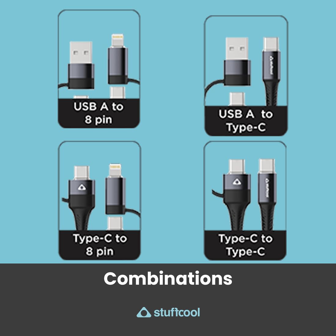(Open box) Stuffcool Quad 4 in 1 Cable 65W PD USB to Lightning, USB to Type-C, Type-C to Lightning & Type C to Type-C Sync and Charge Nylon Braided Fast Charging Cable Compatible with iPhone 12/13/14, 1m 3 Feet