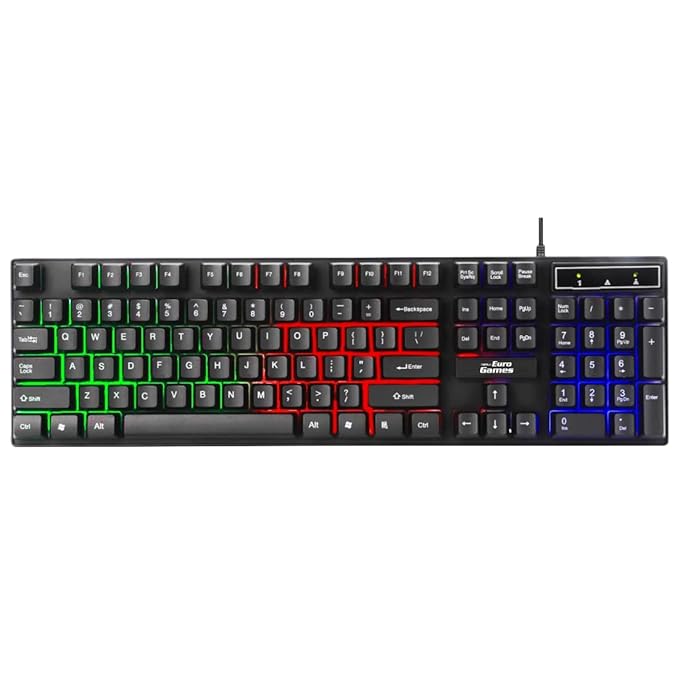(Open Box) RPM Euro Games Gaming Keyboard Wired 7 Color LED Illuminated & Spill Proof Keys, Black, Medium