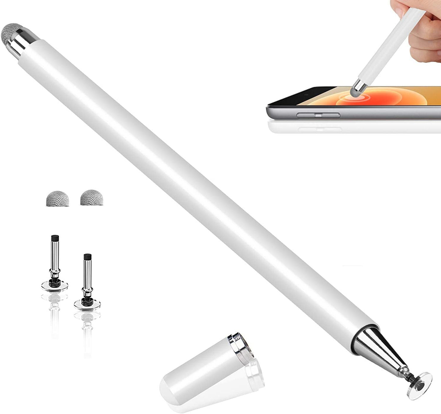 Dyazo Aluminium Fine Point Stylus Pen with Spare Disk for Touch Screens Devices, Compatible with iPad/iPhone/X/XR, Amazon Kindle and All Android/iOS Smart Phones and Tablets (White)
