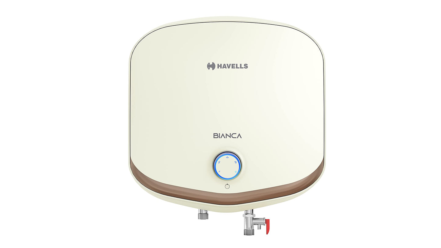 Havells Bianca 15 Litre Storage Wall Mount Water Heater | Temp. Knob, Glass Coated Tank, 5 Star Rated | Warranty: 7 Year On Tank, (Free Flexi Pipes, Installation & Shock Safe Plug) | (White)