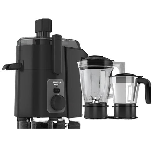 Havells Hexo 950 watts 2 Jar Juicer Mixer Grinder I Double Ball Bearing Copper Motor I 22000 RPM I 100 Minutes Run Time I Metal Teeth Coupler & Jar Base IPolycarbonate Jar, Juice Spout